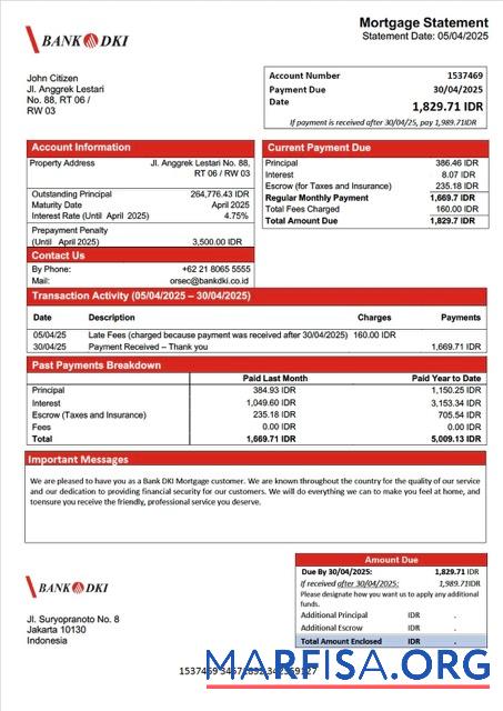 Realistic Indonesia Bank DKI mortgage statement Word and PDF template